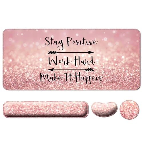 4 in 1 Mouse Pad and Keyboard Wrist Rest,Large Desk Mat,Coaster Set-Pink | Desk Matt For Desktop Wrist Rest Support XXL Gaming Cute Ergonomic for Computer Laptop Women Office Home Decor - color: D6-pink Words