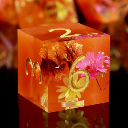 Haxtec Flower DND Dice Set, Orange Sharp Edge Resin Polyhedral Dice | Floral D&D Dice with Metal Case, Handmade Plant Inside, Dungeons and Dragons, TTRPG DND Gifts - color: Orange