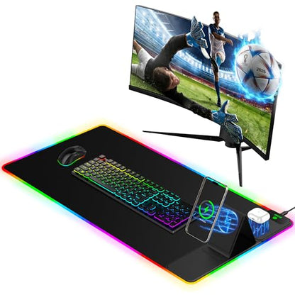 Mouse Pad with Foldable Phone Holder & Wireless Charger, XXL RGB Gaming Mousepad 31.5"x15.8" Large Desk Mat for Keyboard, Black Desk Pad with Dual Qi Charging Station | 11 Colors 5 Modes | Waterproof - color: Black-Right Phone Holder-31.5"x15.8"
