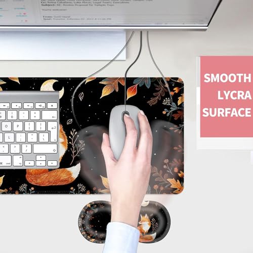Mouse Pad,Large Desk Mat Set, 4in1 XL Mousepad + Keyboard Wrist Rest+Mouse Wrist Rest+Coaster with Ergonomic Desk Pad for Home Office Table Computer Cover -Cute Fox Moon with Plants - color: Cute Fox Moon with Plants