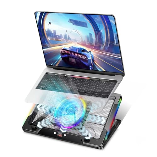 G-STORY Gaming Laptop Cooling Pad with Movable Fan and Automatic Speed Adjustable by Temperature,Music Sync RGB Light,Low Noise Laptop Cooler 3 Speed 1500/1750/2000RPM(140MM) Stand 12–17.3" Notebook