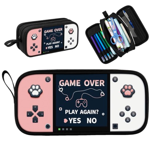 Game Controller Pencil Case for Boys Kids Teens, Large Capacity Pencil Pouch with 3 Compartments, 7 Pockets and Label Pocket for School College Office Travel (Pink & White) - color: Pink&White