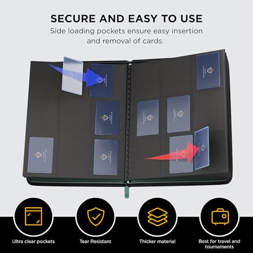 Card Guardian - 9 Pocket Premium Binder with Zipper for 360 Cards Trading Card Games TCG (Green) Side Loaded Pockets Compatible with Yugioh Cards MTG Binder Sports Card Binder - color: Green