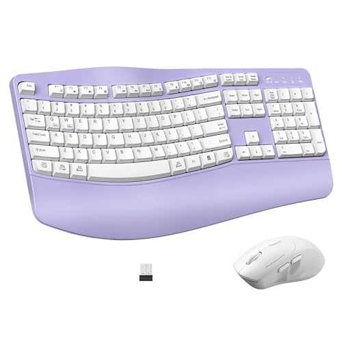 Wireless Keyboard and Mouse Combo,2.4G Ergonomic Wave Keys(Purple) | Full Size Cordless Keyboard with Wrist Rest,3-Level DPI Ergonomic Mouse for Office and Home,Windows/Mac OS/Desktop/Laptop/PC - color: Purple