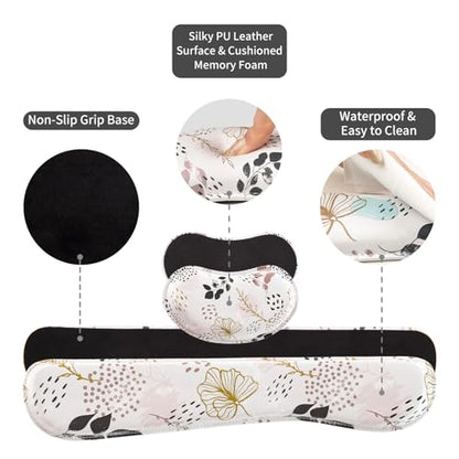 QIYI PU Leather Desk Mat Set, 4-in-1 Ergonomic Wrist Rest, Botanical Leaf | Waterproof Large Mouse Pad 31.5×15.7 + Keyboard Wrist Rest + Mouse Wrist Support+Coaster, Non-Slip Office Gaming Accessories - color: Botanical Leaves