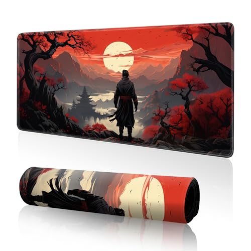 Japanese Samurai Gaming Mouse Pad,Anime Mouse Pad Gaming 31.5 x 11.8 in Mouse Mat Desk Pad,Large Desk Mat,Extended Keyboard Pad Mousepad with Non-Slip Base and Stitched Edge for Office Home Gaming - color: Cherry Blossom Samurai