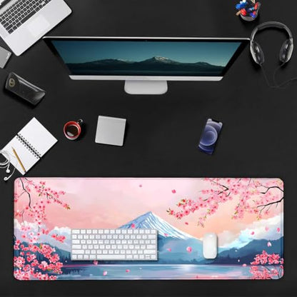 Large Mouse Pad, Desk Mat Computer Keyboard Pad Non-Slip Rubber Base Waterproof with Stitched Edges for Laptop Gaming, Office & Home 31.5 x 11.8 Inch (Cherry Blossom Mountains) - color: Cherry Blossom Mountains