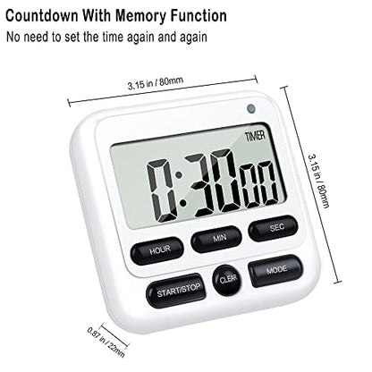 4-in-1 Digital Timer with Count Up/Down, Clock & Alarm, Ring & Silent Modes | Large 2.8-Inch easy-read LCD, On/Off switch, 24-Hour count up/down, Fast-forward function, Magnetic back, stand, hanging hole - color: White