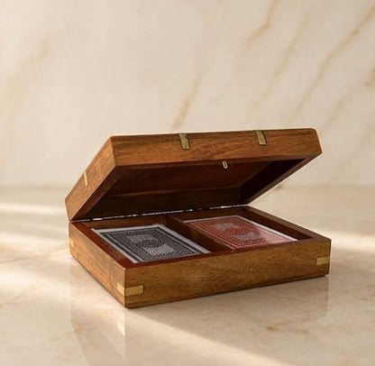 Playing Cards Holder, Handmade Wooden Card Storage Box with Brass Inlay Design, Anniversary Birthday Gifts "Made in India" (Design 2) - color: Design 2