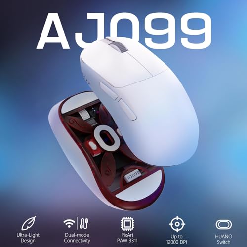 FELICON AJAZZ AJ099 Wireless Gaming Mouse, 59g Ultra-Lightweight, 6 DPI Settings, 2.4G & Wired, 500mAh Rechargeable Battery, Compatible with PC/Windows/Mac/PS4/Xbox (White) - color: White