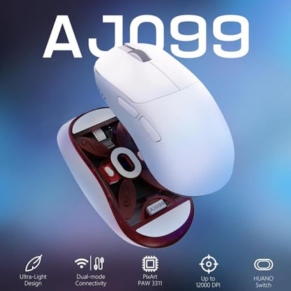 FELICON AJAZZ AJ099 Wireless Gaming Mouse, 59g Ultra-Lightweight, 6 DPI Settings, 2.4G & Wired, 500mAh Rechargeable Battery, Compatible with PC/Windows/Mac/PS4/Xbox (White) - color: White