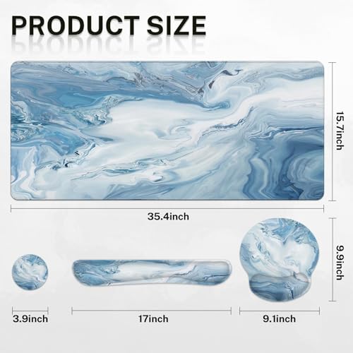 Arttown Blue White Gradient Desk Mat Abstract Ocean Marble Mouse Pad Set 4 in 1 Ergonomic Design Large Mousepad + Keyboard Wrist Rest + Mouse Wrist Rest + Coaster Suitable for Home Office Study Game - color: Blue White Marble