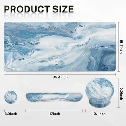 Arttown Blue White Gradient Desk Mat Abstract Ocean Marble Mouse Pad Set 4 in 1 Ergonomic Design Large Mousepad + Keyboard Wrist Rest + Mouse Wrist Rest + Coaster Suitable for Home Office Study Game - color: Blue White Marble