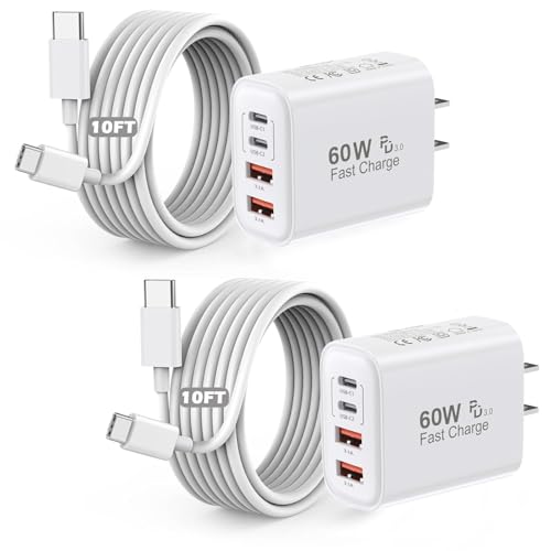 iPhone 17 Charger Fast Charging,2Pack 60W Multiport Power Adapter 4-Port USB-C USB-A iPhone Charger Block with 10FT USB C to C Charger Cable Cord for Apple iPhone17 Pro Max/17e/16e/16Pro/15Plus,iPad - color: White, size: 2pack 10ft