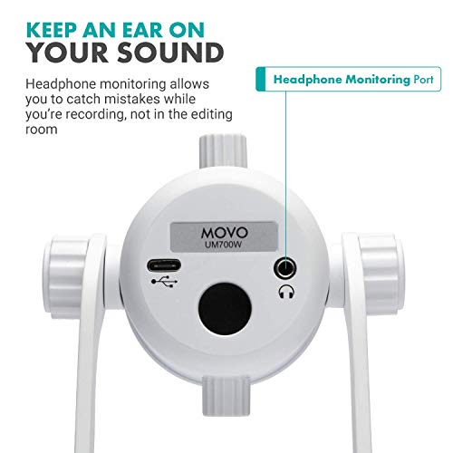 Movo UM700W White Desktop USB Microphone for Computer - Studio Mic with 4 Pickup Patterns - USB Gaming Microphone for PC, Mac, and Android - Best Mic for Podcast Recording and Streaming Setup