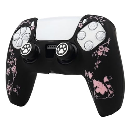 Cat Among Blossoming Branches Controller Skin Cover Compatible with PS5/Playstation 5 Controller, RALAN Protector Case Customised Thumb Grip - color: Cat Black Pink
