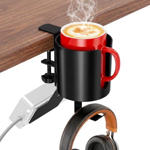 MYITYARD 3 in 1 Desk Cup Holder Clamp, Clip On Table Cup Holder with Headphone Hook & Power Strip Holder, Rotatable Water Bottle Drink Coffee Mug Organizer, Gaming Accessories for Home and Office - color: With Power Strip Holder
