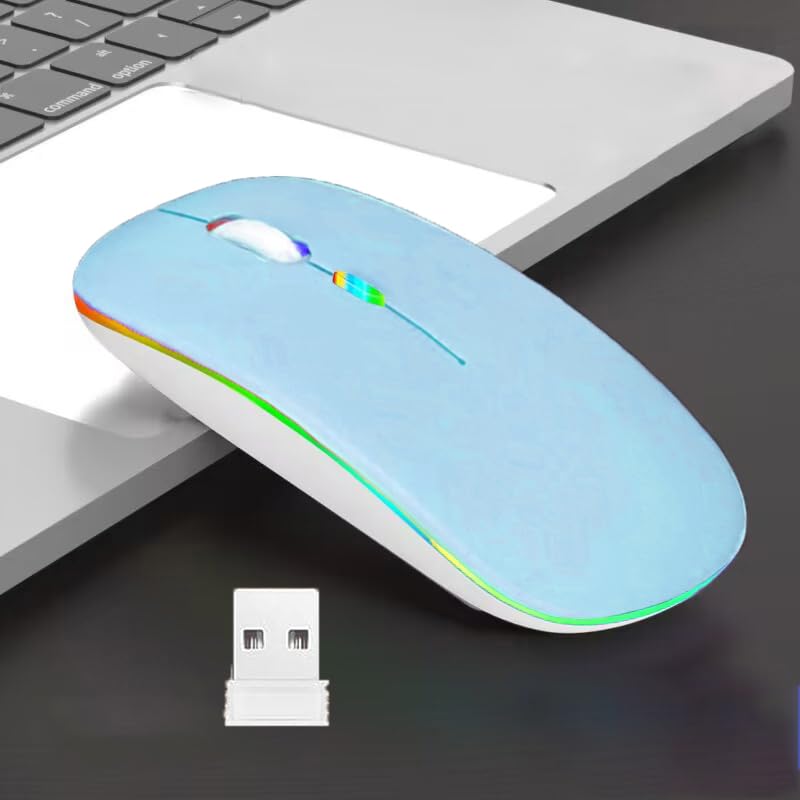 Guiheng Wireless Bluetooth Mouse,LED Dual Mode Rechargeable Silent Slim Laptop Mouse,Portable(BT5.2+USB Receiver) Dual Mode Computer Mice,for Laptop,Desktop Computer,ipad Tablet,Phone,TV (Blue) - color: blue