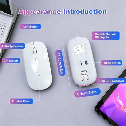 Wireless Bluetooth Mouse, Rechargeable Computer Mouse, White | Dual Mode - BT5.2 & 2.4G,Long Lasting,Silent RGB LED Mice,Slim Portable Mouse for Laptop,PC,Tablet,MacBook,iPad,Apple Devices - color: White