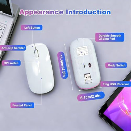 Wireless Bluetooth Mouse, Rechargeable Computer Mouse, White | Dual Mode - BT5.2 & 2.4G,Long Lasting,Silent RGB LED Mice,Slim Portable Mouse for Laptop,PC,Tablet,MacBook,iPad,Apple Devices - color: White