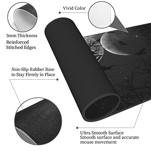 Triple Moon Mouse Pad XL Extended Desk Mat, Computer Mousepad | Triple Moon Crow Skull Galaxy Halloween Non Slip Rubber,Stitched Edge, Gaming Pc Large Mice Pad 31.5 x 11.8 Inch - color: Black24