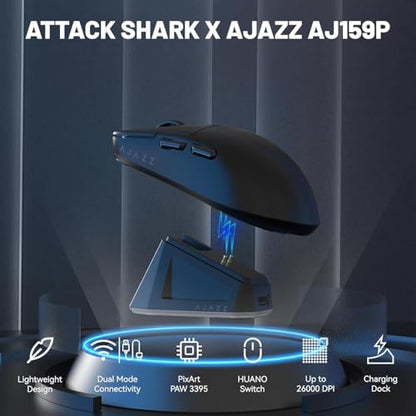 ATTACK SHARK x Ajazz AJ159P Gaming Mouse with Magnetic RGB Charging Dock,2.4G Wireless Gaming Mouse PAW3395 Sensor 26K DPI,1K Polling,6 Programmable Buttons,Ergonomic Computer Mice USB3.0 for PC/MAC - color: AJ159P Black