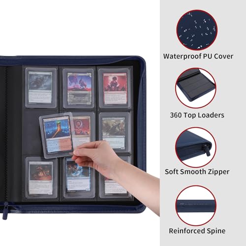 Snekdy Top loader Binder, 9 Pockets Top Loader，Holds 360 Top Loaders cards, Card binder with Sleeves for card in 3 x 4 inches color smooth Zipper PU Leather (Blue) - color: Blue