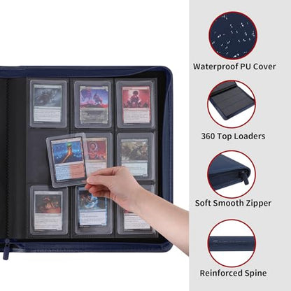 Snekdy Top loader Binder, 9 Pockets Top Loader，Holds 360 Top Loaders cards, Card binder with Sleeves for card in 3 x 4 inches color smooth Zipper PU Leather (Blue) - color: Blue