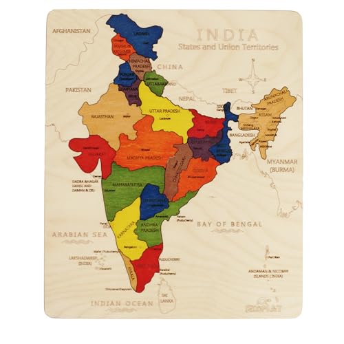 India Map Wooden Jigsaw Puzzle for Kids | 22 Puzzle Pieces | Learning & Educational Toy Gift for Boys & Girls Ages 4 Years and Above - style: India Map