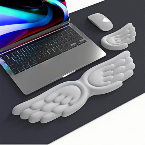 inbesk Angel Wing Wrist Rest Ergonomic Memory Foam Wrist Rest for Computer Keyboard Mouse Set, Cute Gaming Keyboard Cushion Hand Support PU Leather Surface Anti-Slip Waterproof White Angel Wing(white) - color: White