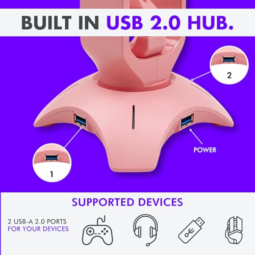 Tilted Nation Cute Headphone Stand Pink | Headset Stand with RGB, Mouse Bungee Holder, and 2 Port USB Hub Charger - Desk Gaming Accessories - color: Pink