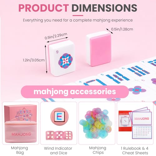 American Mahjong Tile Set - 166 Pink Engraved Melamine Tiles 1.2 Inch - Easy Read Numbered Set with Bag, Dice, Chips, Rulebook & Reference Cards