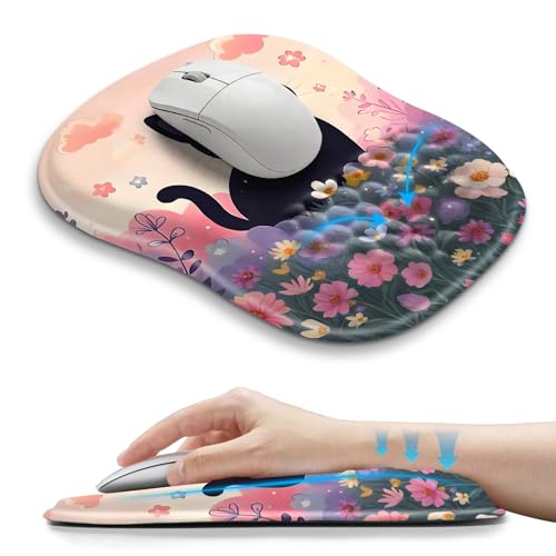 Hokafenle Ergonomic Wrist-Hugging Mouse Pad Wrist Support, U-Shaped Holding Wrist Rest Mousepad for Carpal Tunnel Pain Relief with Cushioned Memory Foam Slope Massage Bulge (10.2x8.3 in,Flower Cat) - color: Flower Cat