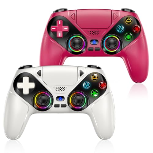 Gamrombo LED Wireless Controller for PS5, Compatible with PS5 Pro/Slim/PC, Dual Vibration, Macro/Turbo Function, 3.5mm Audio Jack, 6-Axis Motion Control Gamepad with Speaker (White+Red)
