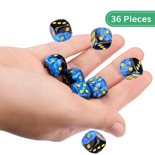 36 of Pack 12MM 6 Sided MINI Dice Set,Two Colours D6 Game Dice Set, 6 Sided Standard Dices for Yahtzee, Bunco or Teaching Math,with Portable Plastic Box(Blue Black) - color: Blue Black Swirl