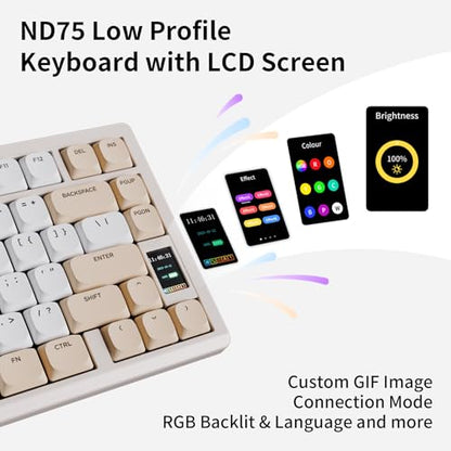OOCTPK Mechanical Keyboard, Chilkey ND75 LP Wireless Gaming Keyboard with LCD Screen, Bluetooth 5.3/2.4G/USB-C, Hot Swappable Per-Key RGB Custom, Thin Front, Wrist Rest, Full-Aluminum, PC/Mac Support - color: Beige
