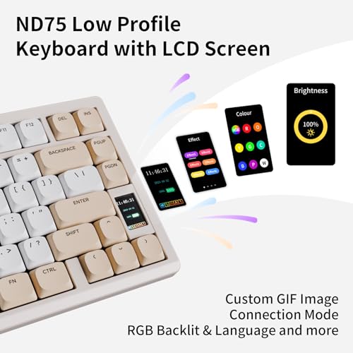 OOCTPK Mechanical Keyboard, Chilkey ND75 LP Wireless Gaming Keyboard with LCD Screen, Bluetooth 5.3/2.4G/USB-C, Hot Swappable Per-Key RGB Custom, Thin Front, Wrist Rest, Full-Aluminum, PC/Mac Support - color: Beige