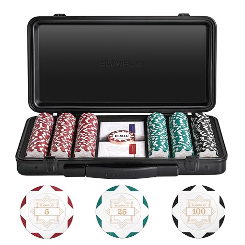 SLOWPLAY Nash Clay Poker Set, 14g&40mm Poker Chips for Texas Hold'em | White Gold Edition; 300 pcs Numbered Core Set; premium case with PC Shell; clay composite poker chips; Art Deco style - color: White Gold, size: 300PCS Numbered Core Set (5, 25, 100)