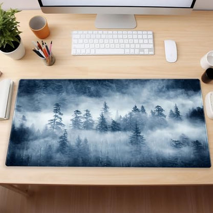 Misty Forest Desk Mat, Pine Tree Large Gaming Mouse Pad 31.5x15.7 in | Calming foggy forest nature desk pad with soft 3mm cushion, smooth fabric top, and non-slip natural rubber base. - color: Misty Forest