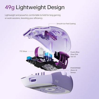 VXE Dragonfly V3 Pro Wireless Gaming Mouse, PAW 3395SE Sensor, DPI up to 18,000, 49g Lightweight, 65Hr Battery Life, Ice-Feeling Coating, 6 Programmable Buttons, Tri-Mode 2.4G/Bluetooth/Wired - White - color: White, style: V3 Pro