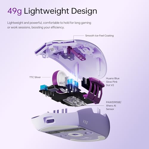 VXE Dragonfly V3 Wireless Gaming Mouse, Xhero Al Sensor, DPI up to 15,000, 54g Lightweight, 120Hr Battery Life, Ice-Feeling Coating, 6 Programmable Buttons, Tri-Mode 2.4G/Bluetooth/Wired - White - color: White, style: V3