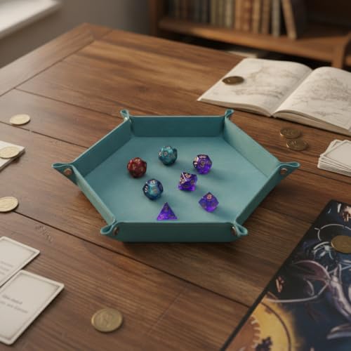 Hexagonal Folding Dice Tray, PU Leather Roll Container with Flannel Interior for Tabletop RPGs and Board Games (1 PC)