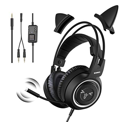 SOMIC Stereo Gaming Headset with Mic for PS4, PS5, Xbox One, PC, Mobile Phone, 3.5MM Sound Detachable Cat Ear Headphones Lightweight Self-Adjusting Over Ear Office Headphones G951S Black - color: Black
