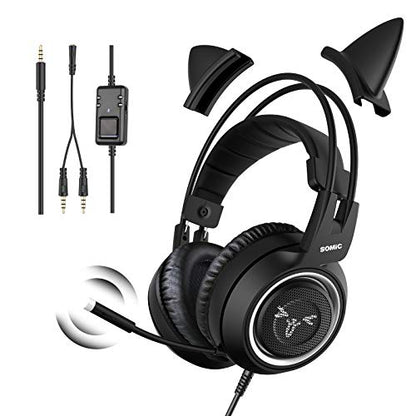SOMIC Stereo Gaming Headset with Mic for PS4, PS5, Xbox One, PC, Mobile Phone, 3.5MM Sound Detachable Cat Ear Headphones Lightweight Self-Adjusting Over Ear Office Headphones G951S Black - color: Black