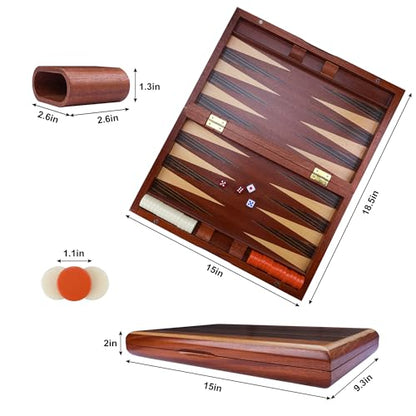 Wooden Backgammon Set, 15 inch Folding Backgammon Board Game with 32 Pieces | Portable Travel Strategy Game for Adults & Kids | Complete Backgammon Set in Wood Case for Family Game Nights & Gifts - color: 15 Inch Large Backgammon