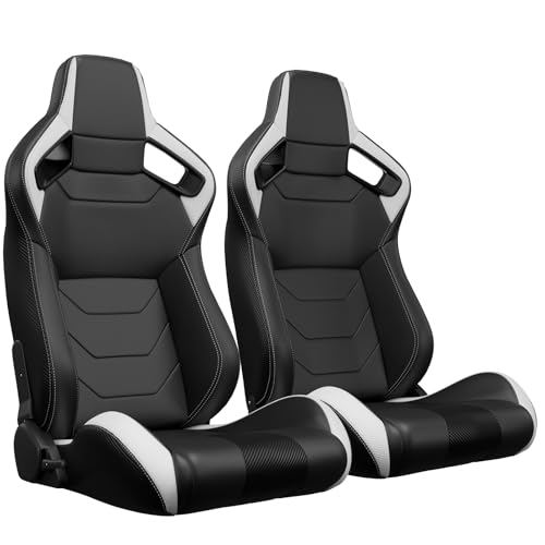 2 Pcs Adjustable Universal Racing Seats with Double Sliders, Reclinable Bucket Seats, 1 Pair of Sport Seats for Vehicles (Black&White-B) - color: Black&White-B