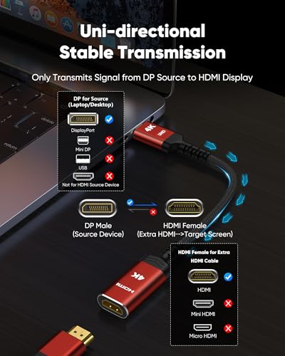 Highwings 4K DisplayPort to HDMI Adapter, Unidirectional DP 1.2 to HDMI 1.4 | Uni-Directional DP 1.2 Computer to HDMI 2.0 Screen, Display Port to HDMI Adapter Male to Female for Dell HP AMD, Passive - color: Red, style: 4K 30Hz-1 Pack