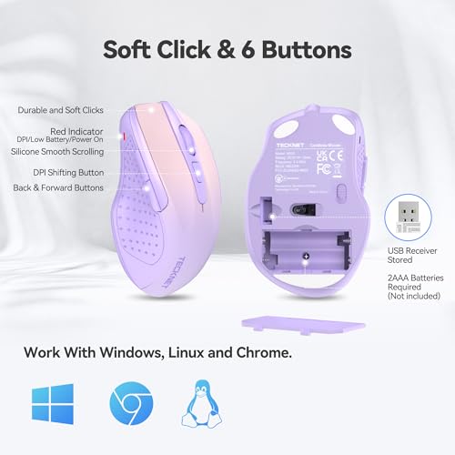 TECKNET Wireless Mouse, 2.4G Ergonomic Computer Mouse, 2600 DPI | Ergonomic Design with Side Grips, Adjustable DPI, 2-Year Battery, Compact Size, USB-A Plug & Play, Wide OS Compatibility - color: Gradient Lavender