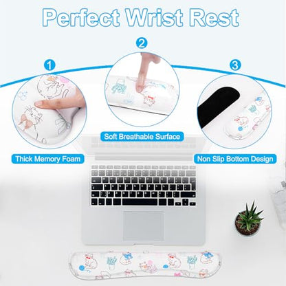MEGREZ 4-in-1 Mouse Pad with Wrist Rest Ergonomic Memory Foam Desk Mat Set | ergonomic, anti-slip base, 4pcs set, desk pad, mouse wrist rest, keyboard rest, coaster, ideal for office & gaming - color: Bow Kitten