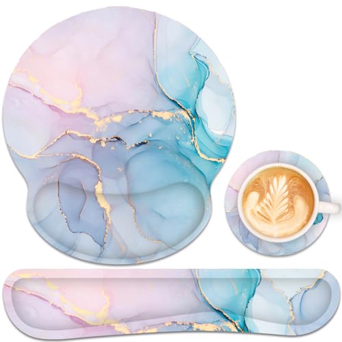 Ergonomic Mouse Pad with Wrist Rest and Keyboard Wrist Rest, Mousepad and Wrist Rest for Computer Keyboard, Non-Slip Rubber Base, Mouse Pad with Wrist Support for Gaming, Office, Pink Blue Marble - color: Cyan Pink Marble